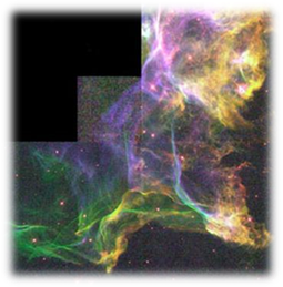 Photograph:Detail of the Cygnus Loop.This nebula is the product of a supernova explosion; in this section, the blast wave has encountered an area of dense interstellar gas, creating turbulence in the wave and causing it to glow. The picture is a composite of three images taken by the Hubble Space Telescope.
