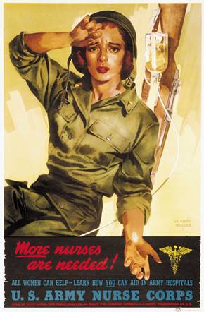 U.S. Army Nurse Corps poster from World War II reading <i>More</i> nurses are needed! All women can helplearn how <i>you</i> can aid in army hospitals.