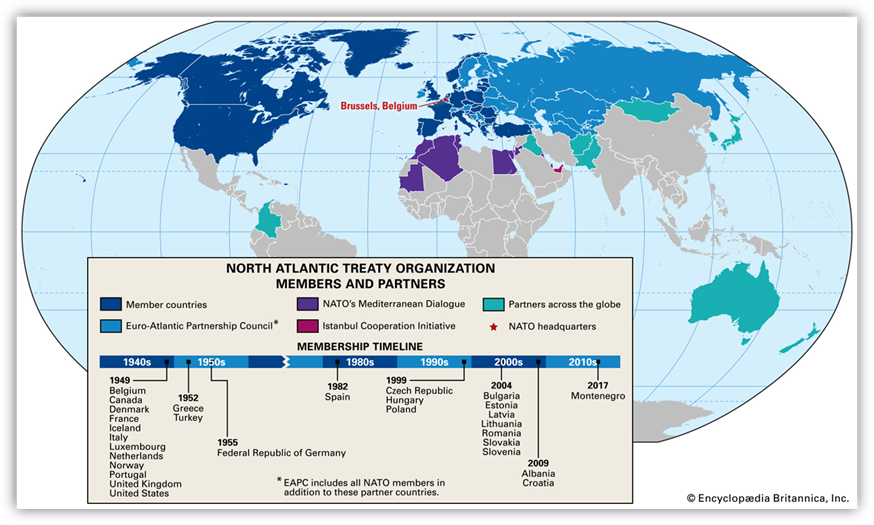 Map depicting the member countries and partner countries of the North Atlantic Treaty Organization (NATO).