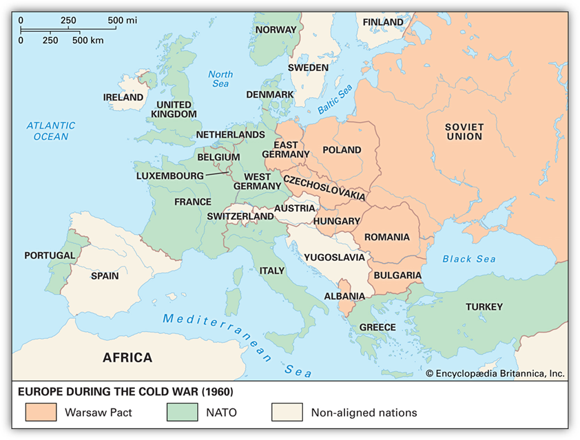 During the Cold War most of western Europe was aligned with the United States through membership in the North Atlantic Treaty Organization (NATO), while the Soviet Union maintained garrisons in its satellites under the terms of the Warsaw Pact.