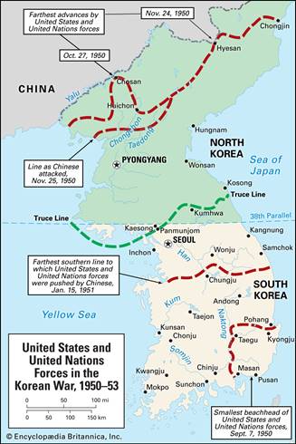 This map shows how the conflict surged back and forth. The truce line added 850 square miles to North Korea below the 38th parallel, 2,350 square miles to South Korea above it.