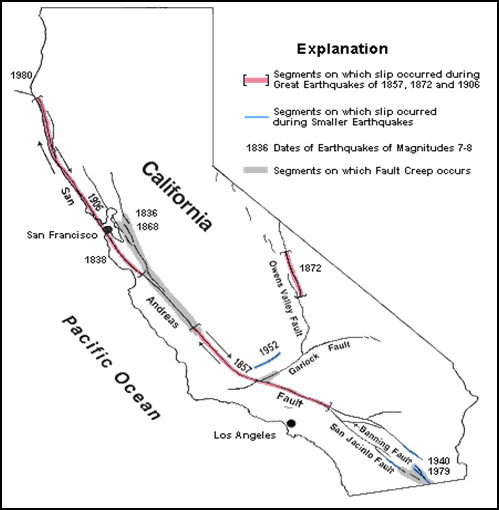 Map of large faults in California