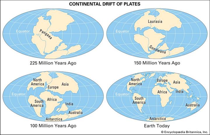 Four images show the location of Earth's continents at various times between 225 million years ago and the present.