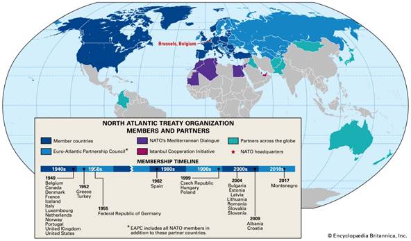 Map depicting the member countries and partner countries of the North Atlantic Treaty Organization (NATO).