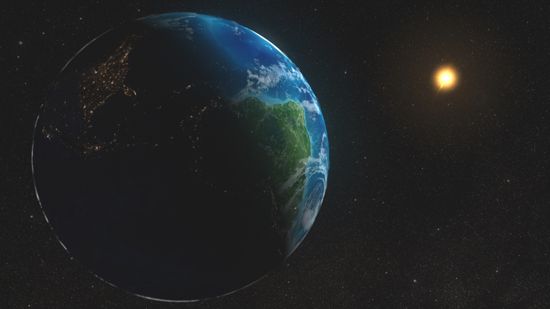 A drawing showing Earth partly in the dark and partly facing the Sun, which is far off in the distance.