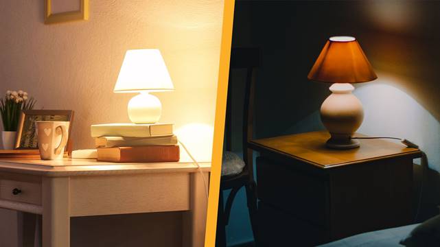 Side-by-side photos of two different lamps. One gives off bright light, and one gives off dim light.