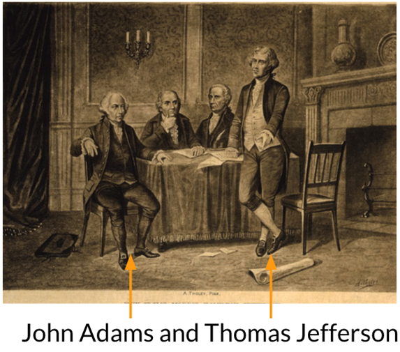 John Adams and Thomas Jefferson with two other colleagues surrounding a table. John Adams and their two colleagues are sitting around the table, Thomas Jefferson is standing up. There is paper on the table and one piece of paper on the floor. They are seated in a old looking room by a fireplace with a candle stick placed on the wall.