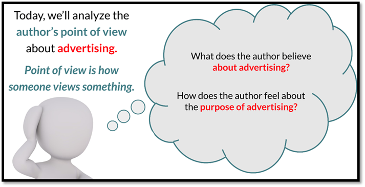 Sentence:  Today well analyze the authors point of view about advertising. Emphasis on authors point of view and advertising. &#13;
Point 1 - Point of view is how someone views something &#13;
Man with a thought bubble.&#13;
In thought bubble, there are 2 questions:&#13;
Question 1 - What does the author believe about advertising?&#13;
Question 2 - How does the author feel about the purpose of advertising?&#13;
