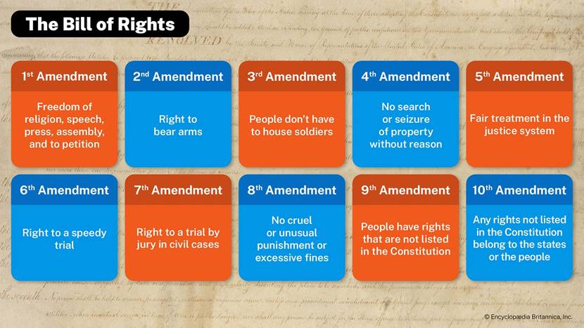 A diagram that provides a short description for each of the first 10 amendments. 