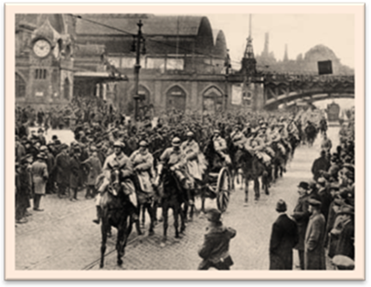 Photograph:French troops enter Essen at the beginning of the Franco-Belgian occupation of the Ruhr, a major industrial region in western Germany,  in order to enforce the payment of war reparations owed by Germany.