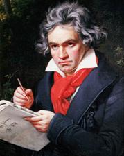 Photograph:A portrait of Ludwig van Beethoven shows him writing his music.