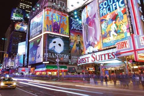 Photograph:Billboards advertising Broadway shows, Times Square, New York City.