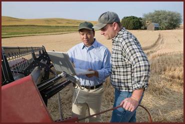 Photograph:A wheat farmer and a potential buyer utilize a laptop computer while conducting business during harvest time.