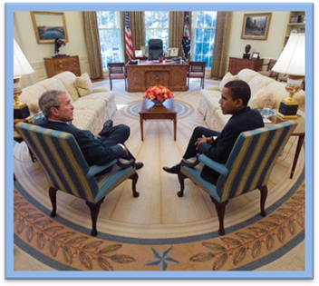 Photograph:Pres. George W. Bush and President-elect Barack Obama meeting in the Oval Office of the White House, Washington, D.C., Nov. 10, 2008.