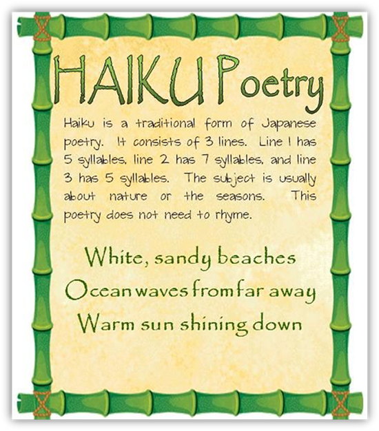 Good explanation of Haikus for my older kids. In April, the whole front of my circulation desk becomes a poetry wall. I buy cheap decorative post-its from target and the kids are allowed to write a poem on them and stick it to the wall. At the end of the month we host a poetry night and students can read one of those poems!: 